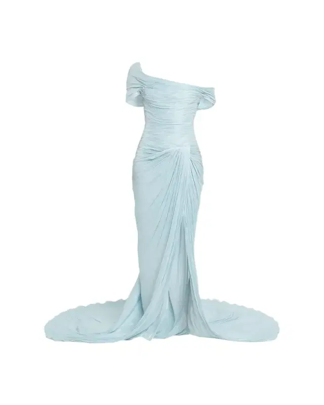 Off-The-Shoulder Pleated Satin Twisted Slit Gown