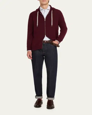Brunello Cucinelli Men's Cashmere Knit Full-Zip Hoodie | Thumbnail 2