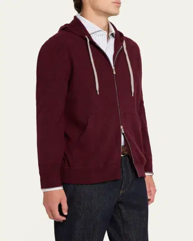 Brunello Cucinelli Men's Cashmere Knit Full-Zip Hoodie | Thumbnail 4