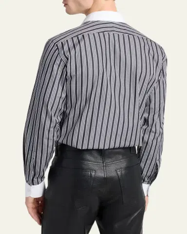 Tom Ford Men's Cotton Multi-Stripe Contrast-Trim Sport Shirt | Thumbnail 3
