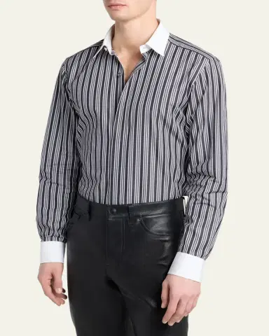 Tom Ford Men's Cotton Multi-Stripe Contrast-Trim Sport Shirt | Thumbnail 4