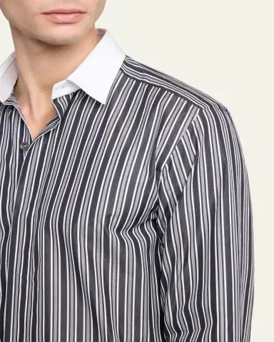 Tom Ford Men's Cotton Multi-Stripe Contrast-Trim Sport Shirt | Thumbnail 5