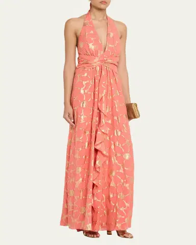 Ramy Brook Stephanie Metallic Floral Halter Maxi Dress | Thumbnail 4