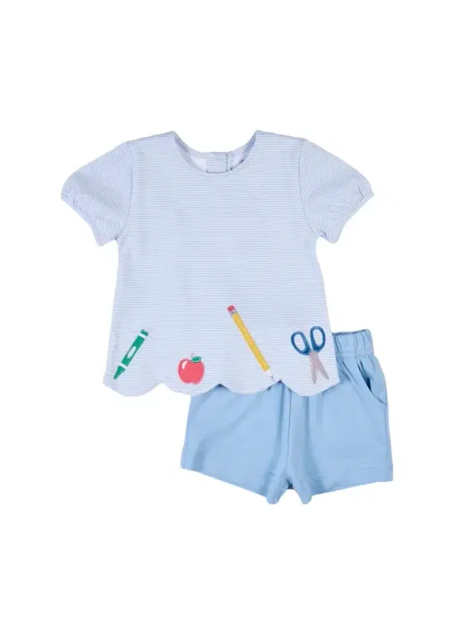 Florence Eiseman Girl's School Supplies Applique T-Shirt & Shorts Set, Size 2T-6