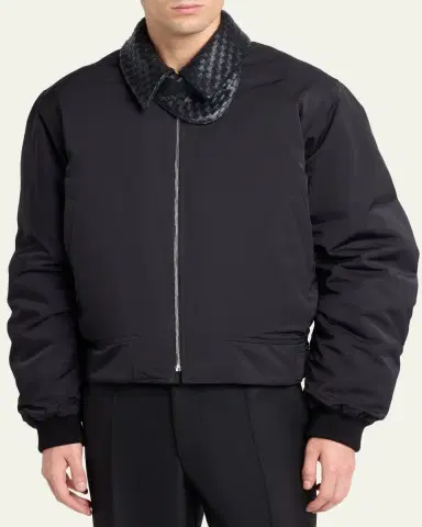 Bottega Veneta Men's Leather Intrecciato-Collar Nylon Blouson | Thumbnail 4 Bottega Veneta Men's Leather Intrecciato-Collar Nylon Blouson | Thumbnail 4