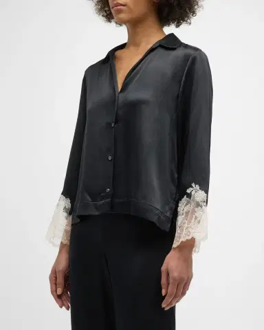 Josie Natori Lolita Cropped Lace-Trim Charmeuse Pajama Set | Thumbnail 2