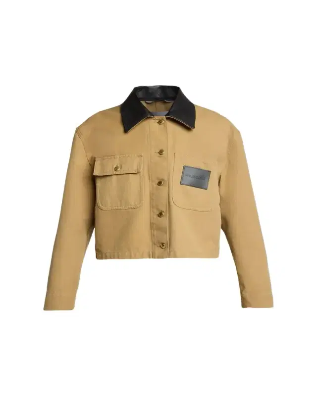 Balenciaga Leather-Collar Cropped Canvas Workwear Jacket