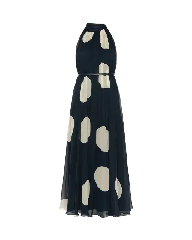 Max Mara Polka-Dot Silk Chiffon Scarf-Neck Halter Maxi Dress