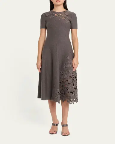 Oscar de la Renta Short-Sleeve Lace-Inset Wool Knit Midi Dress | Thumbnail 2 Oscar de la Renta Short-Sleeve Lace-Inset Wool Knit Midi Dress | Thumbnail 2