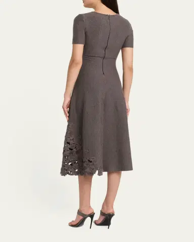 Oscar de la Renta Short-Sleeve Lace-Inset Wool Knit Midi Dress | Thumbnail 3 Oscar de la Renta Short-Sleeve Lace-Inset Wool Knit Midi Dress | Thumbnail 3