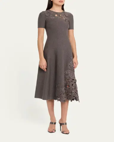 Oscar de la Renta Short-Sleeve Lace-Inset Wool Knit Midi Dress | Thumbnail 4 Oscar de la Renta Short-Sleeve Lace-Inset Wool Knit Midi Dress | Thumbnail 4