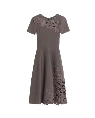 Oscar de la Renta Short-Sleeve Lace-Inset Wool Knit Midi Dress | Thumbnail 1 Oscar de la Renta Short-Sleeve Lace-Inset Wool Knit Midi Dress | Thumbnail 1