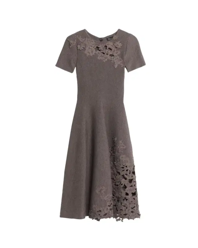 Oscar de la Renta Short-Sleeve Lace-Inset Wool Knit Midi Dress