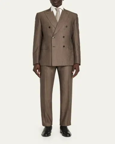 Brioni Men's Tonal Stripe Herringbone Double-Breasted Suit | Thumbnail 2 Brioni Men's Tonal Stripe Herringbone Double-Breasted Suit | Thumbnail 2