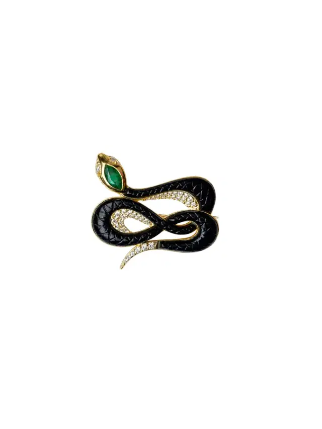 Wish Fine Jewelry 10.03ct Diamond Emerald Onyx 18K Gold Snake Brooch