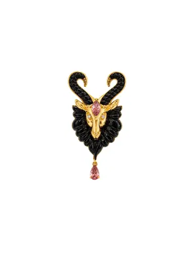 Wish Fine Jewelry 10.15ct Black Onyx Tourmaline Diamonds 18K Gold Capricorn Brooch | Thumbnail 1