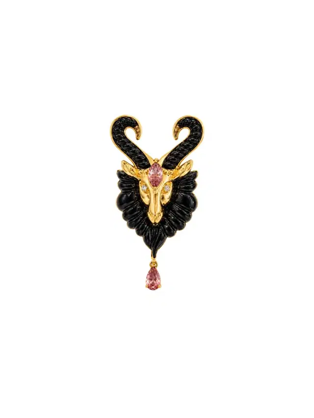 Wish Fine Jewelry 10.15ct Black Onyx Tourmaline Diamonds 18K Gold Capricorn Brooch