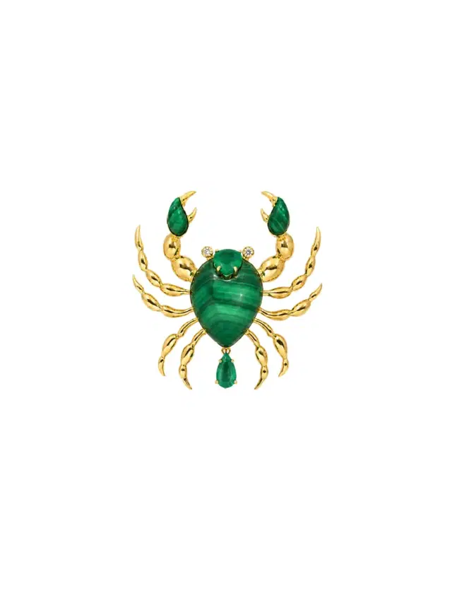 Wish Fine Jewelry 11.19ct Malachite Emerald Diamond 18K Gold Cancer Brooch