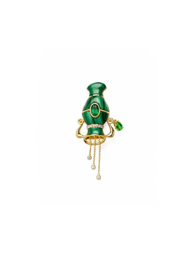 Wish Fine Jewelry 11.25ct Malachite Emerald Diamond 18K Gold Aquarius Brooch