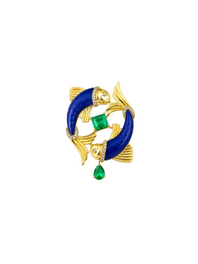 Wish Fine Jewelry 11.87ct Lapis Lazuli Emerald Diamond 18K Gold Pieces Brooch