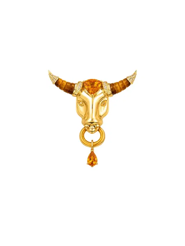Wish Fine Jewelry 11.99ct Tigers Eye Citrine Diamond 18K Gold Taurus Brooch