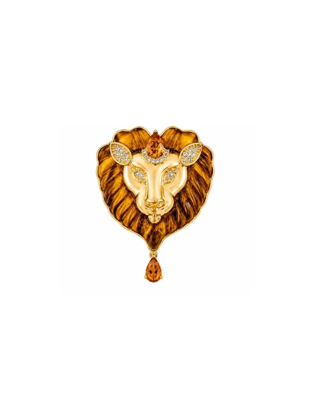 Wish Fine Jewelry 12.37ct Tigers Eye Citrine Diamond 18K Gold Leo Brooch