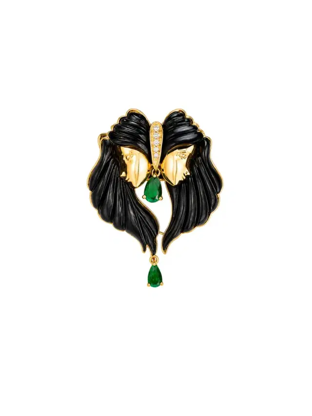 Wish Fine Jewelry 17.59ct Black Onyx Emerald Diamonds 18K Gold Gemini Brooch