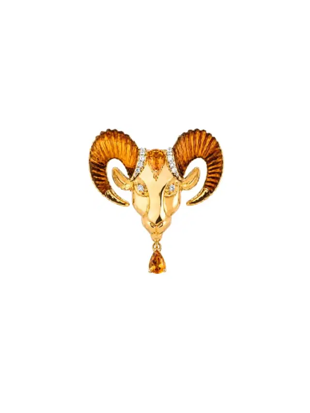 Wish Fine Jewelry 4.95ct Tigers Eye Citrine Diamond 18K Gold Aries Brooch