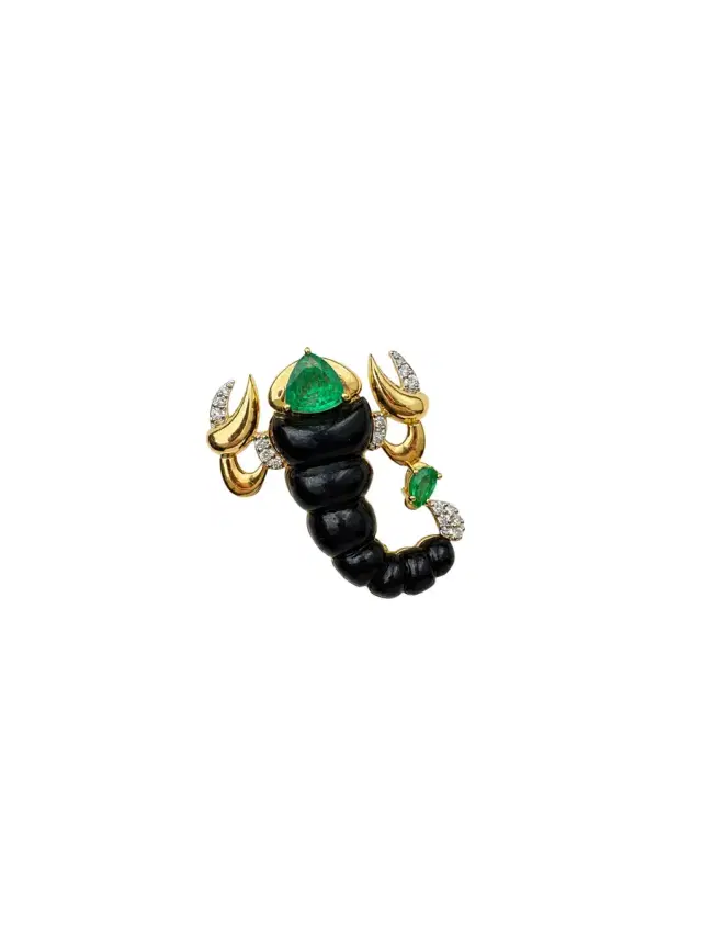 Wish Fine Jewelry 9.05ct Black Onyx Emerald 18K Gold Scorpio Brooch