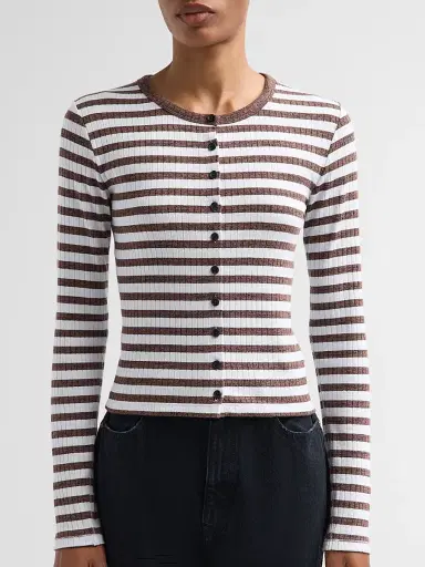 rag & bone Women's The Wide Striped Rib-Knit Cardigan - Cocoa - Size Medium | Thumbnail 5