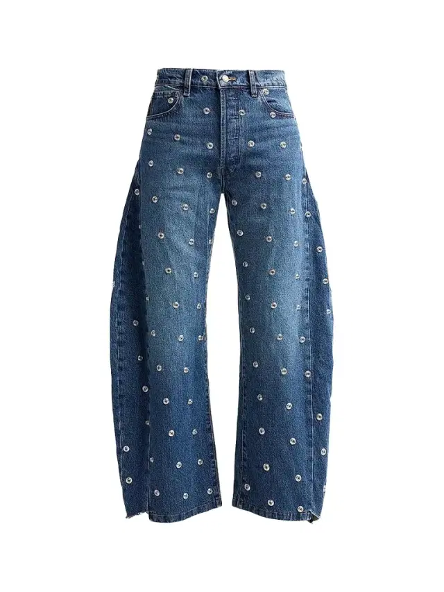 A.W.A.K.E. MODE Women's Studded Barrel-Leg Jeans - Blue