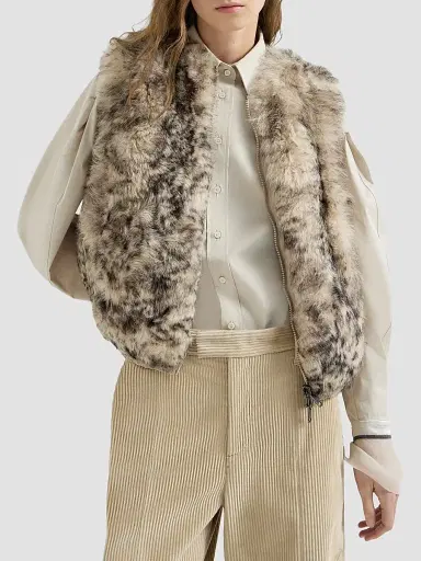 Brunello Cucinelli Women's Lynx-Effect Shearling Reversible Vest - Light Brown - Size 12 | Thumbnail 2