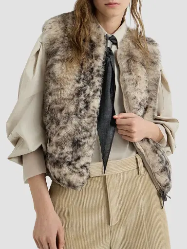 Brunello Cucinelli Women's Lynx-Effect Shearling Reversible Vest - Light Brown - Size 12 | Thumbnail 5