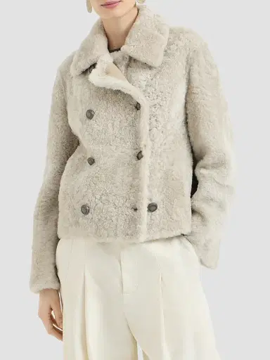 Brunello Cucinelli Women's Fuzzy Shearling Pea Coat - | Thumbnail 2