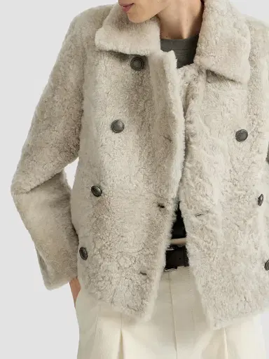 Brunello Cucinelli Women's Fuzzy Shearling Pea Coat - | Thumbnail 4