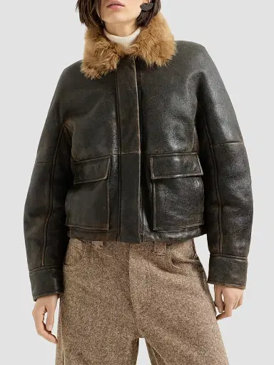Brunello Cucinelli Women's Vintage-Effect Shearling Aviator Coat with Monili - Vintage Brown | Thumbnail 2