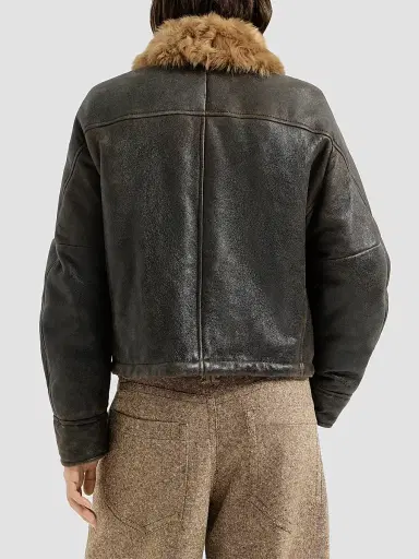Brunello Cucinelli Women's Vintage-Effect Shearling Aviator Coat with Monili - Vintage Brown | Thumbnail 3