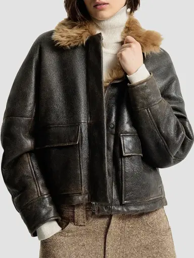 Brunello Cucinelli Women's Vintage-Effect Shearling Aviator Coat with Monili - Vintage Brown | Thumbnail 4