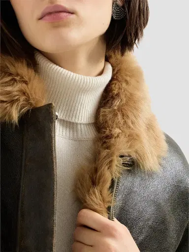 Brunello Cucinelli Women's Vintage-Effect Shearling Aviator Coat with Monili - Vintage Brown | Thumbnail 5