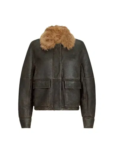 Brunello Cucinelli Women's Vintage-Effect Shearling Aviator Coat with Monili - Vintage Brown | Thumbnail 1