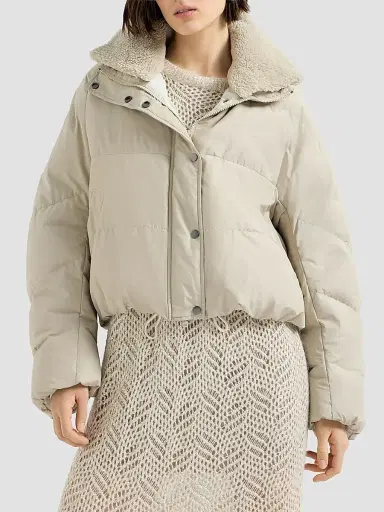 Brunello Cucinelli Women's Techno Cotton Taffeta Down Jacket with Detachable Shearling Insert - Sand | Thumbnail 2