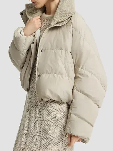 Brunello Cucinelli Women's Techno Cotton Taffeta Down Jacket with Detachable Shearling Insert - Sand | Thumbnail 5