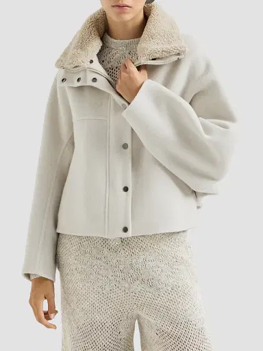 Brunello Cucinelli Women's Hand-Crafted Outerwear Jacket with Detachable Shearling Insert - Ivory - Size 4 | Thumbnail 2