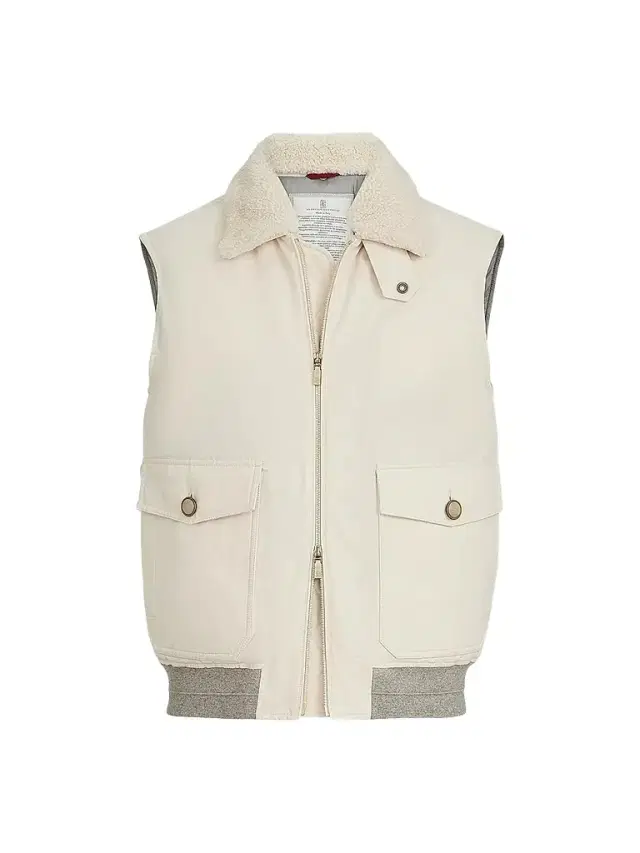 Brunello Cucinelli Men's Waxed Techno Cotton Down Vest with Detachable Shearling Collar - Beige