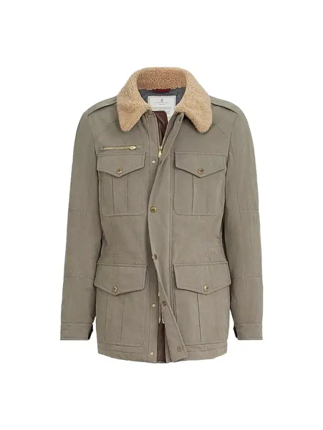 Brunello Cucinelli Men's Waxed Techno Cotton Safari Jacket with Nappa Leather Inserts and Shearling Collar - Medium Grey