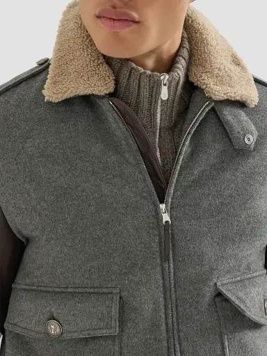 Brunello Cucinelli Men's Bonded Cashmere Beaver Cloth and Nappa Leather Bomber Jacket - Medium Grey - Size 44 | Thumbnail 5 Brunello Cucinelli Men's Bonded Cashmere Beaver Cloth and Nappa Leather Bomber Jacket - Medium Grey - Size 44 | Thumbnail 5