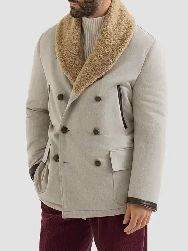Brunello Cucinelli Men's Wool and Cashmere Cavalry Coat with Shearling Collar - Grey | Thumbnail 2