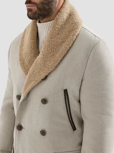 Brunello Cucinelli Men's Wool and Cashmere Cavalry Coat with Shearling Collar - Grey | Thumbnail 4