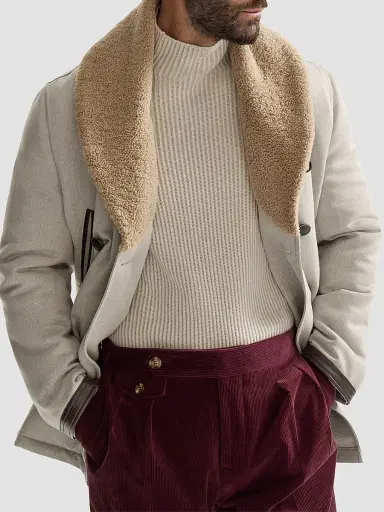 Brunello Cucinelli Men's Wool and Cashmere Cavalry Coat with Shearling Collar - Grey | Thumbnail 5