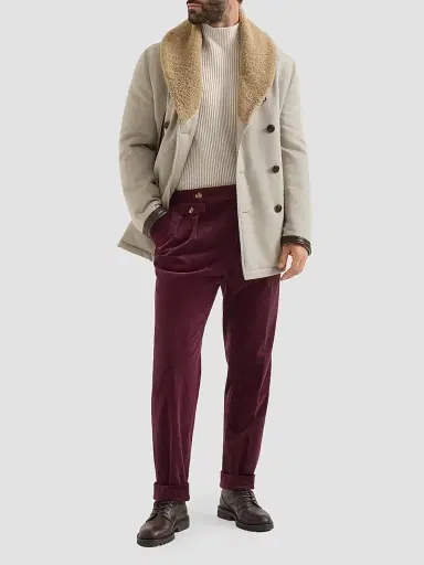Brunello Cucinelli Men's Wool and Cashmere Cavalry Coat with Shearling Collar - Grey | Thumbnail 6